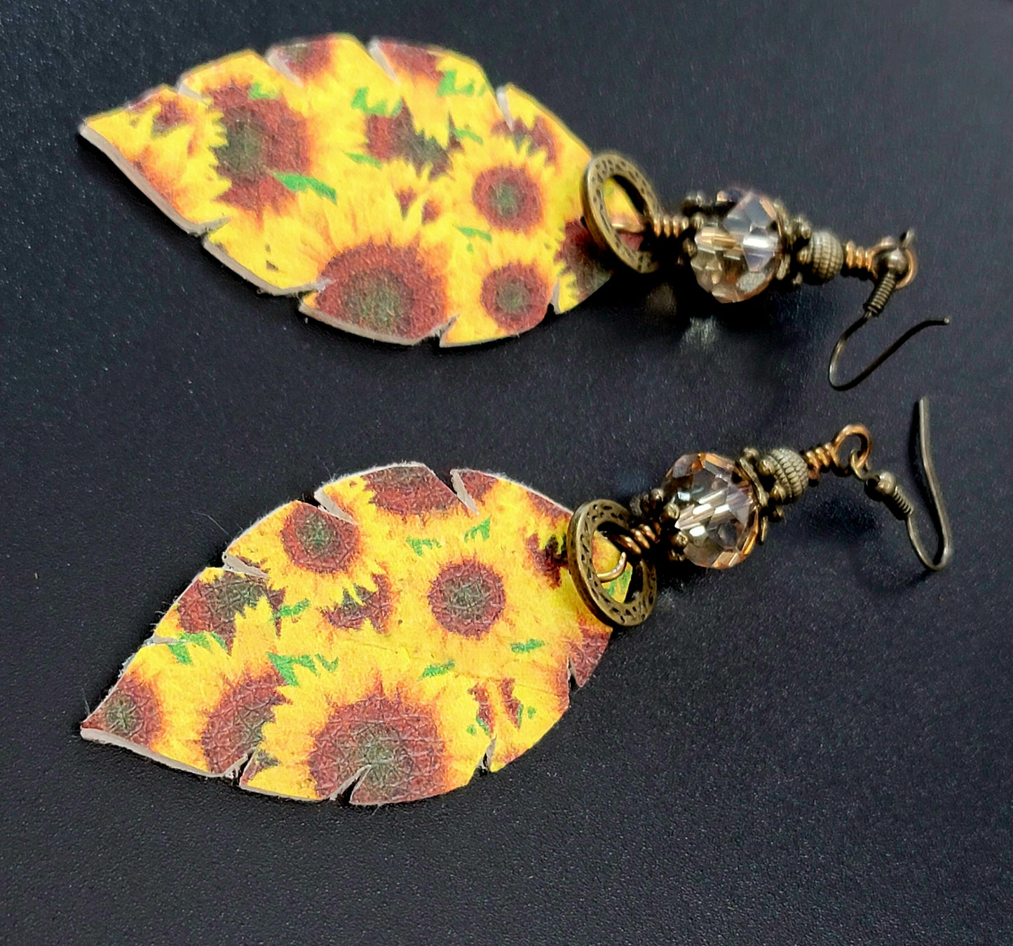 Light Brown Crystal &amp; Sunflower Faux Leather Earrings