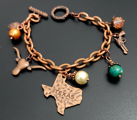 Rustic Texas Charm Bracelet – Antique Copper with Imperial Jasper & Glass Pearls