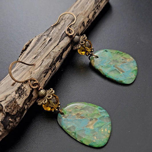 Sofia:  Green & Blue Polymer Clay Earrings with Crystal & Brass Accents