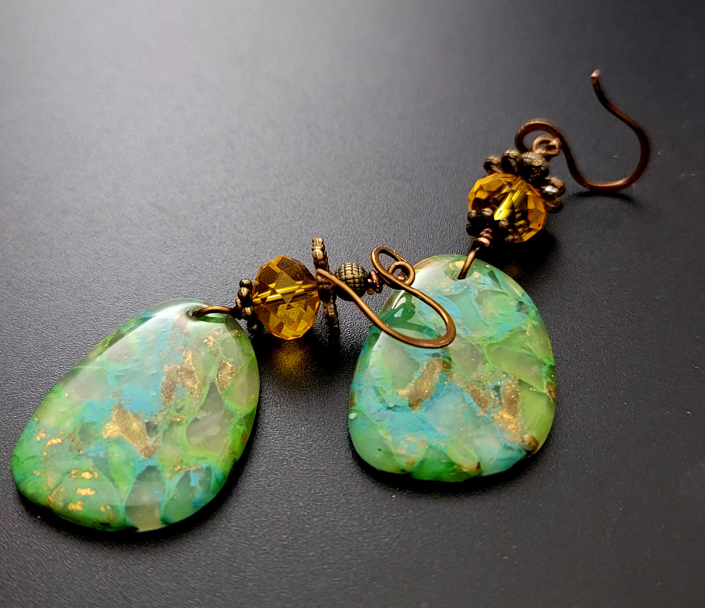 Sofia:  Green & Blue Polymer Clay Earrings with Crystal & Brass Accents