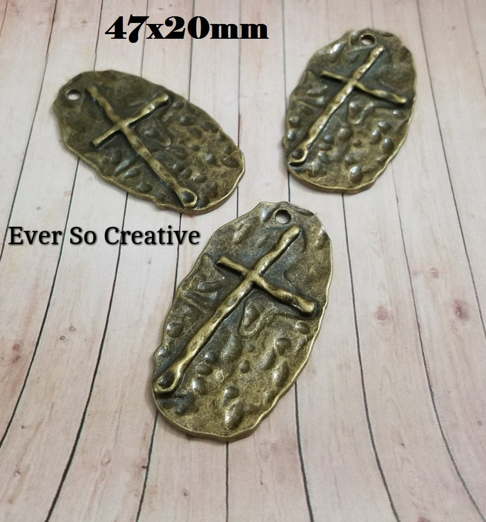 ESC-CR76: Antique Brass Embossed Cross Pendants: 47x20mm: 4pcs