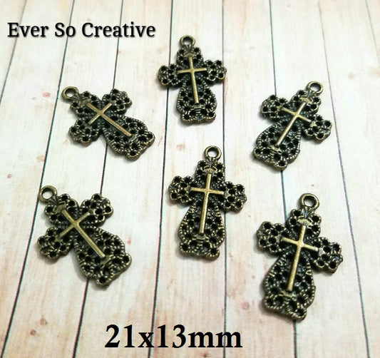 ESC-CR88: Antique Brass Filigree Cross Charms: 21x13mm: 10pcs