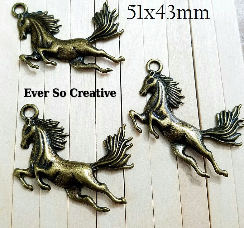 ESC-WC41: Antique Brass Running Horse Pendant: 51x43mm