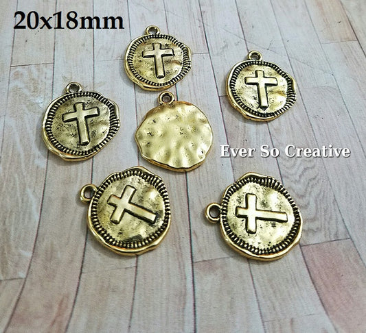 ESC-CR84: Antique Gold Cross Coin Charms: 20x18mm: 6pcs