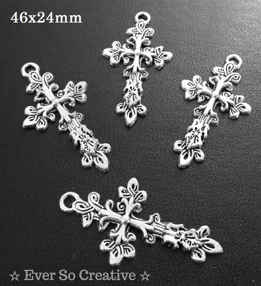 ESC-CR75: Antique Silver Le Fleur Cross Pendants: 46x24mm: 5pcs