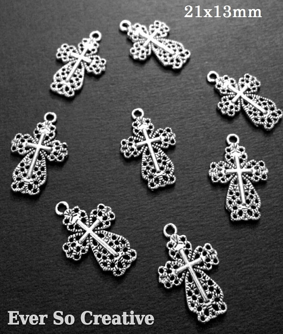 ESC-CR35: Antique Silver Filigree Cross Charms: 21x13mm: 10pcs