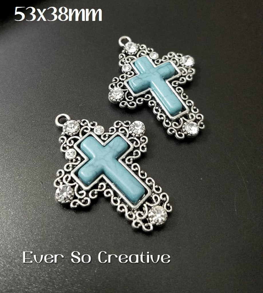 ESC-CR56: Antique Silver Howlite Rhinestone Cross Pendant: 53x58: 2pcs