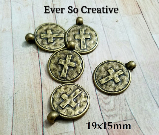 ESC-CR86: Antique Brass Coin Cross Charms: 19x15mm: 10pcs