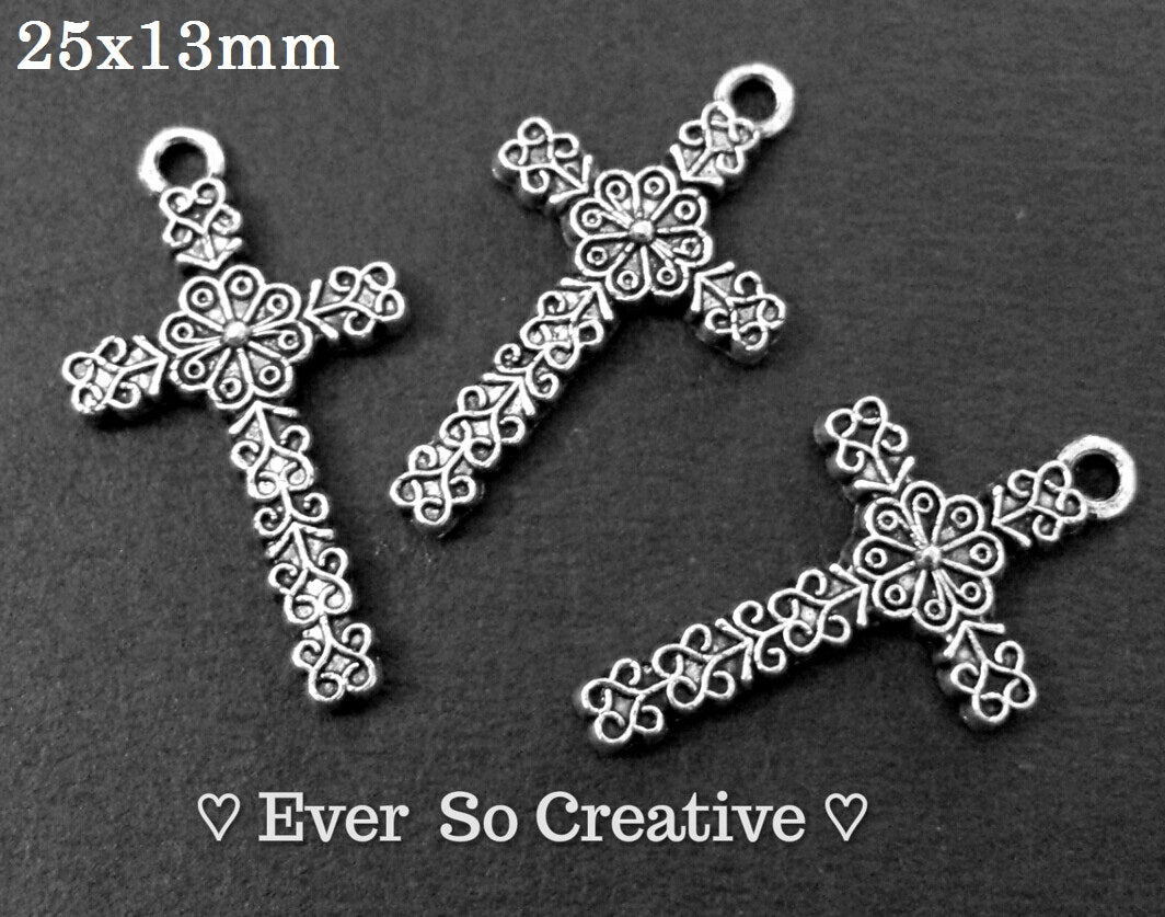 ESC-CR39: Antique Silver Flower Engraved Cross Charms: 25x13mm: 12pcs