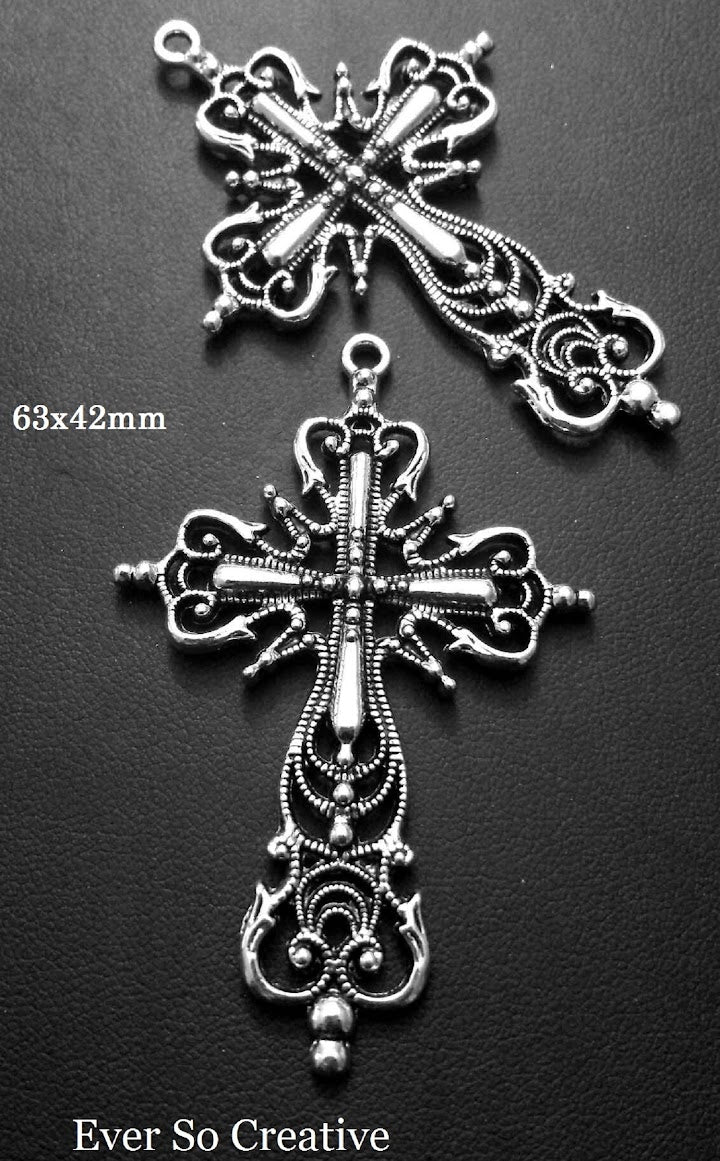 ESC-CR33: Antique Silver Ornate Floral Cross Pendants: 63x42mm: 2pcs