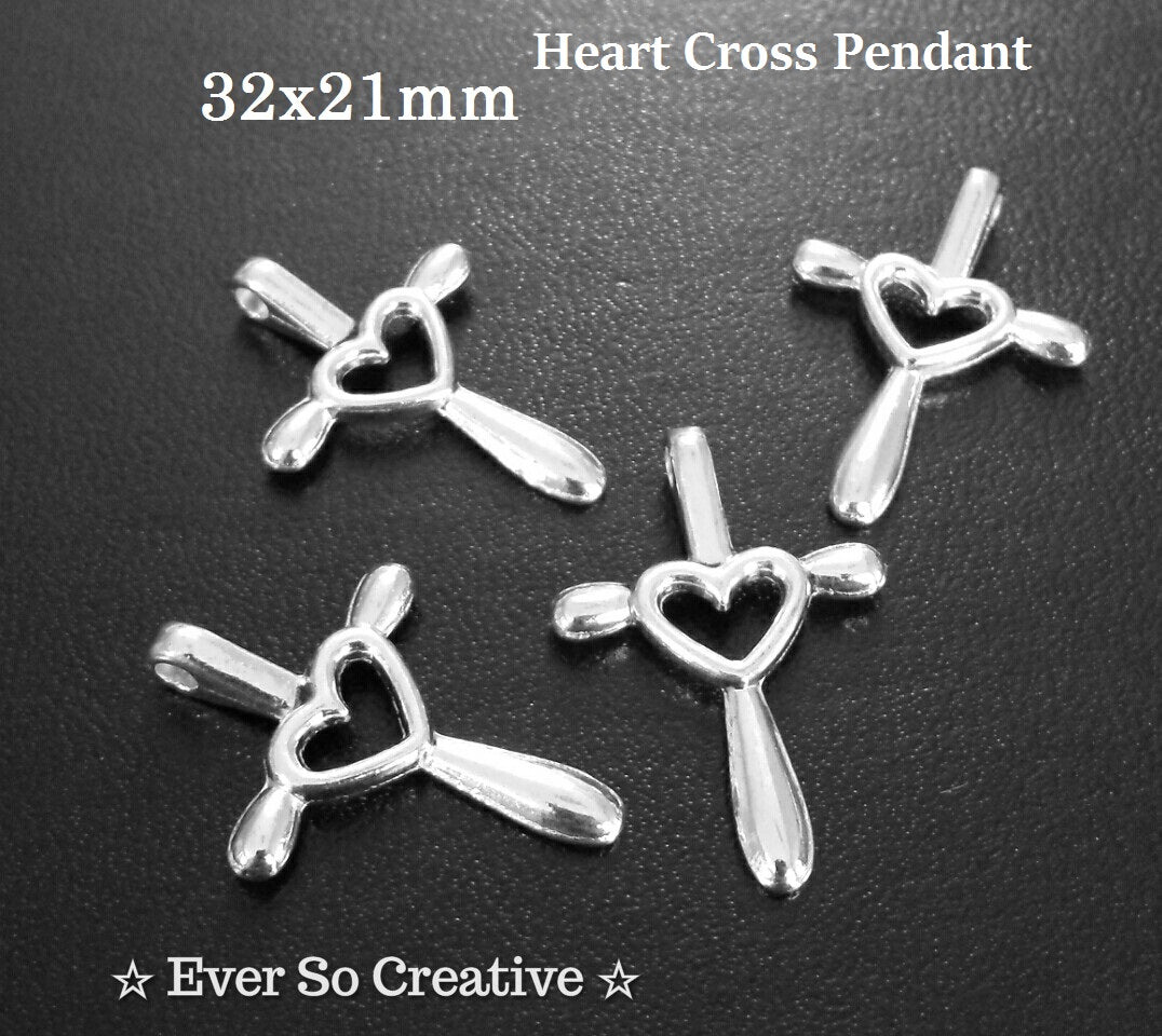 ESC-CR44: Silver Plated Heart Cross Pendants: 32x21mm: 5pcs