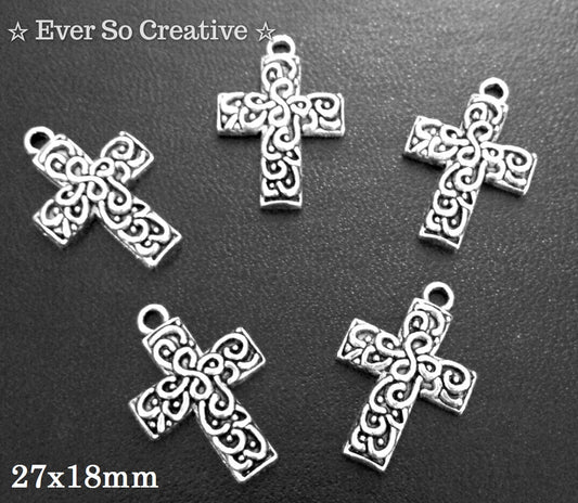 ESC-CR55: Antique Silver Spiral Ornate Cross Pendants: 27x18mm: 7pcs