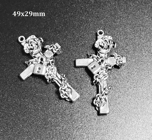 ESC-CR21: Antique Silver Rose Chained Cross Pendants: 2pcs: 49x29mm