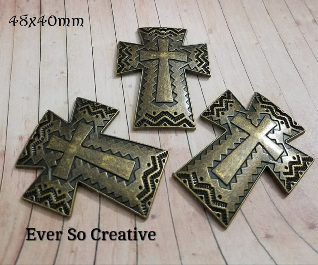 ESC-CR95: Antique Brass Hieroglyphic Cross Pendants: 48x40mm: 2pcs