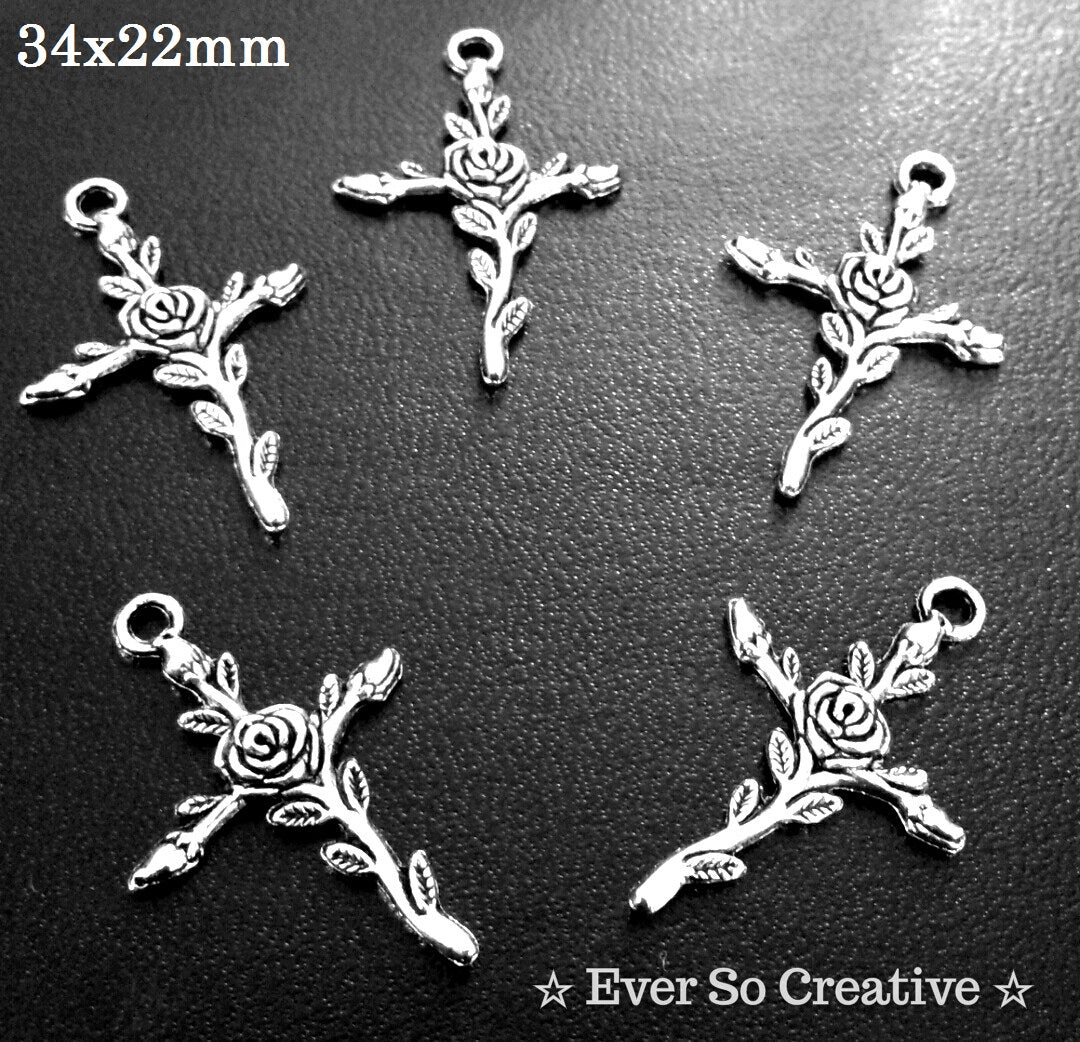 ESC-CR90: Antique Silver Rose of Sharon Crosses: 34x22mm: 10pcs