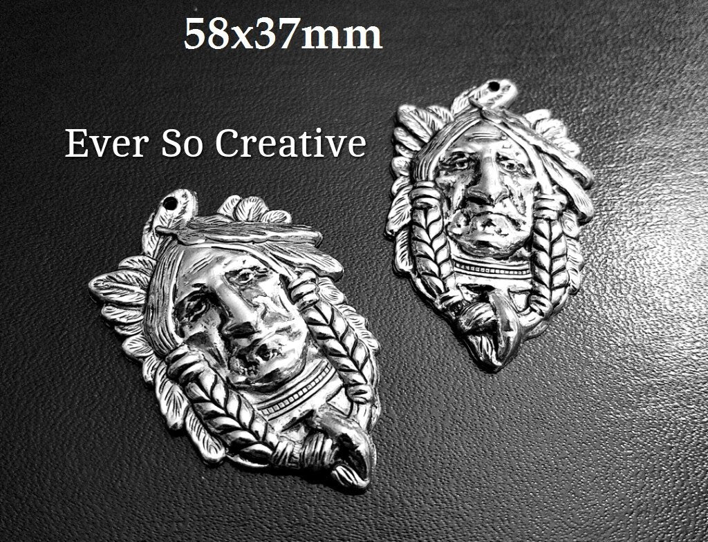 ESC-WC06: Antique Silver Chief Indian Pendants: 58x37mm