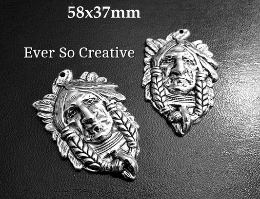 ESC-WC06: Antique Silver Chief Indian Pendants: 58x37mm