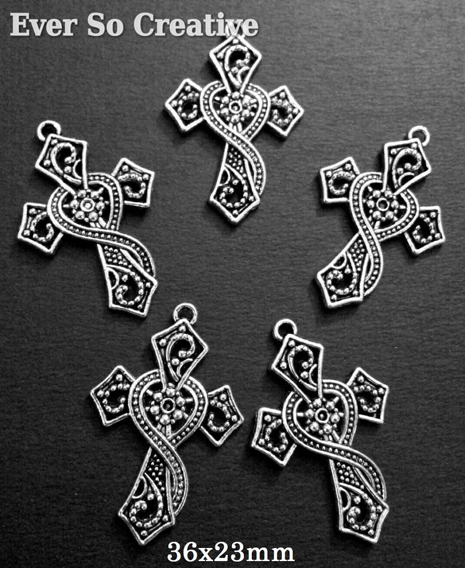 ESC-CR25: Antique Silver Daisy Ornate Cross Pendant: 36x23mm: 7pcs