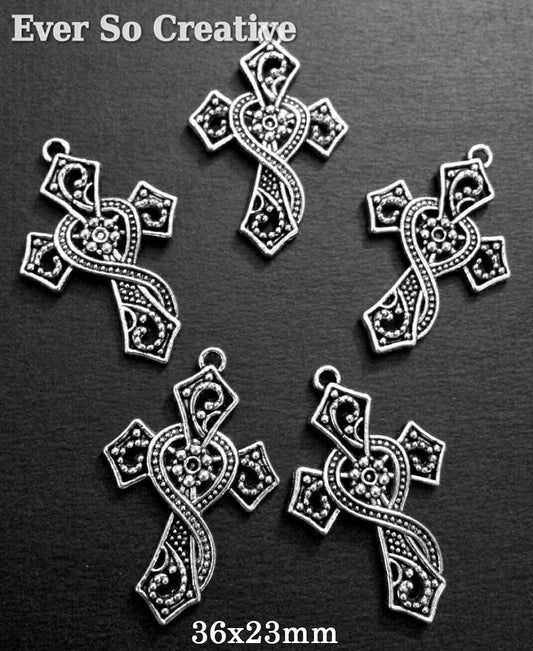 ESC-CR25: Antique Silver Daisy Ornate Cross Pendant: 36x23mm: 7pcs