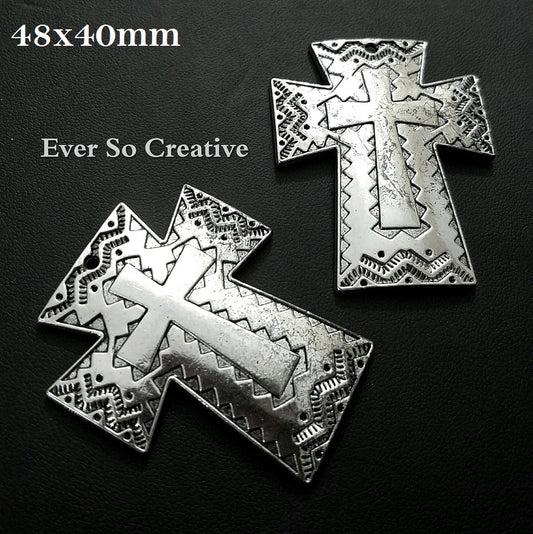 ESC-CR96: Antique Silver Hieroglyphic Cross Pendants: 48x40mm: 2pcs