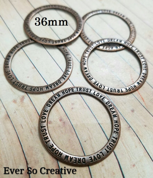 ESC-CN25: Antique Copper Trust, Hope, Love, Dream Ring Connectors: 36mm: 4pcs