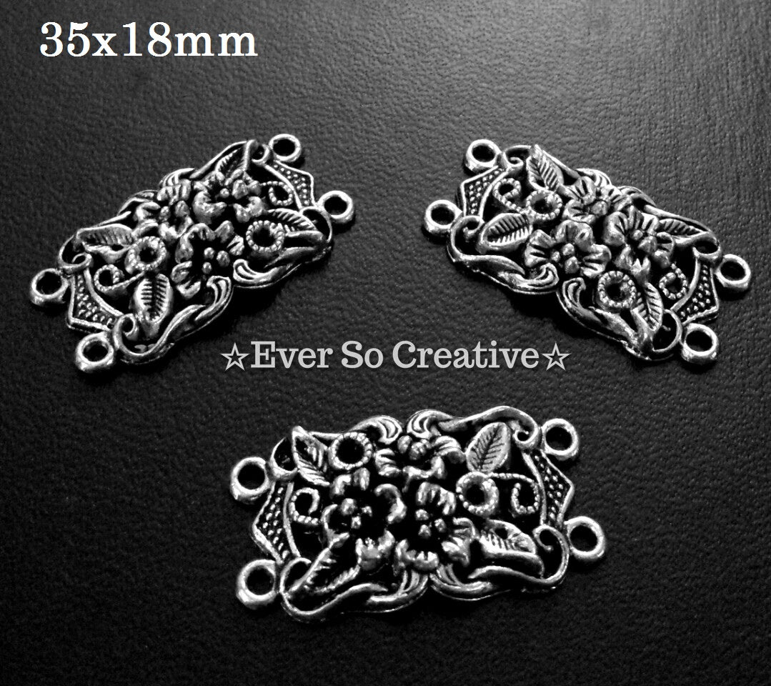 ESC-CN34: Antique Silver Floral Double Connector: 35x18mm:5pcs