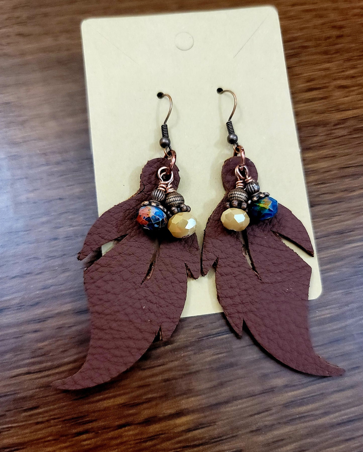 Brown Beaded Genuine Leather Leaf Earrings