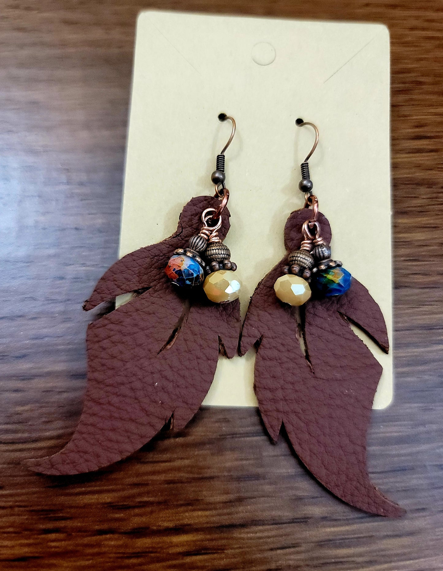 Brown Beaded Genuine Leather Leaf Earrings