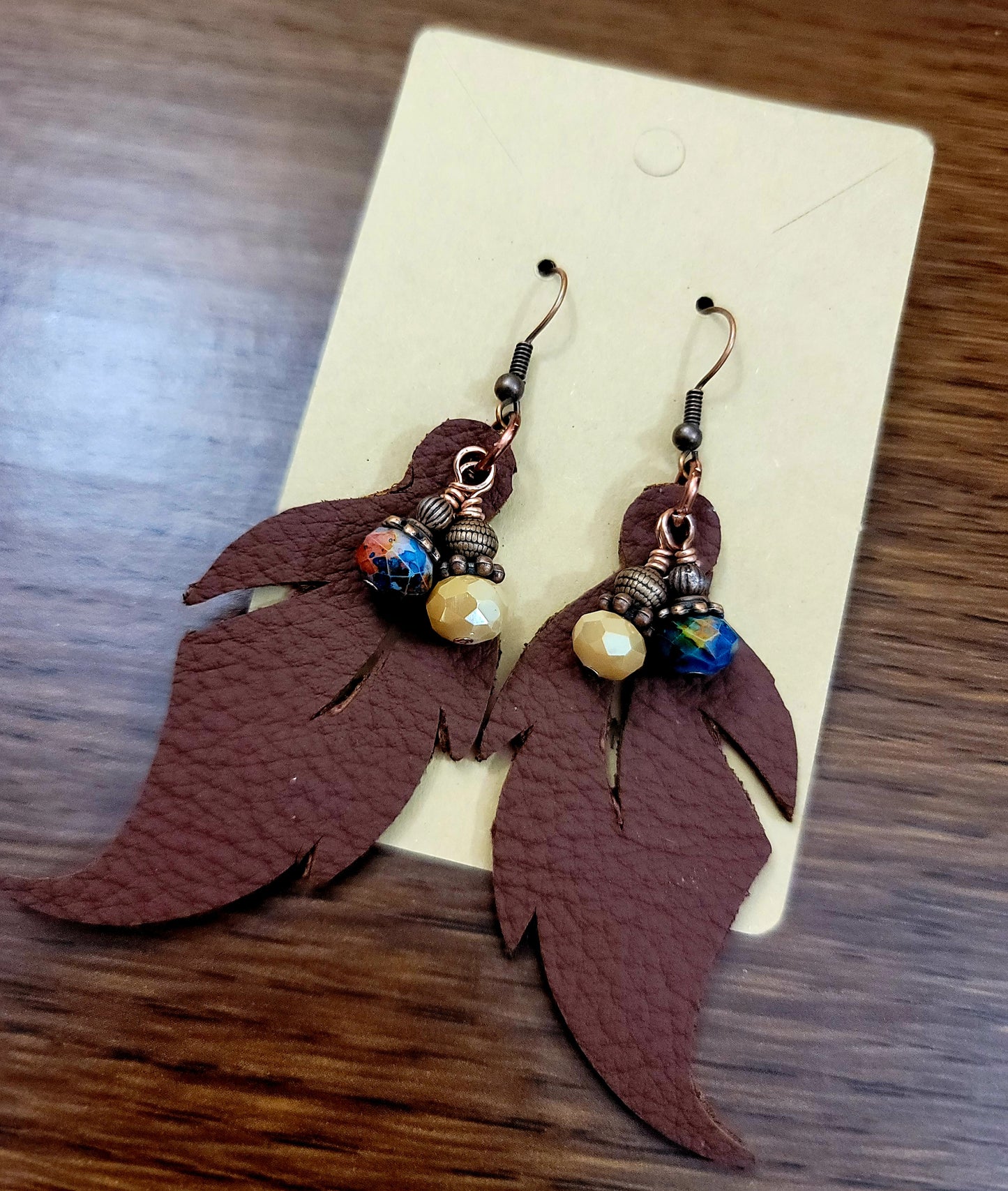 Brown Beaded Genuine Leather Leaf Earrings