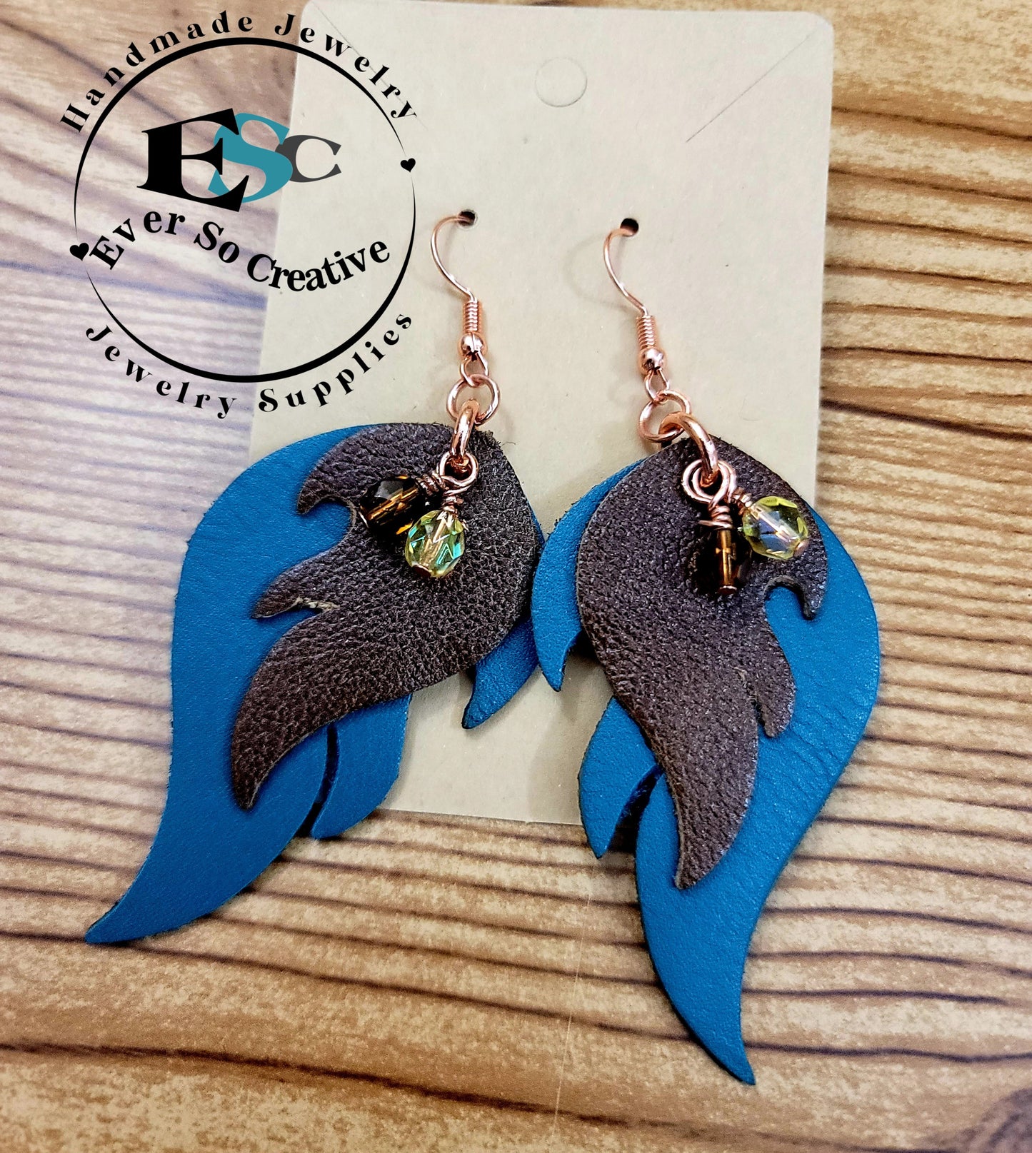 Genuine Blue and Brown Leather Wing Earrings