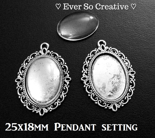 ESC-BEZ06: Antique Silver Floral Oval Bezel Pendant & Glass Setting