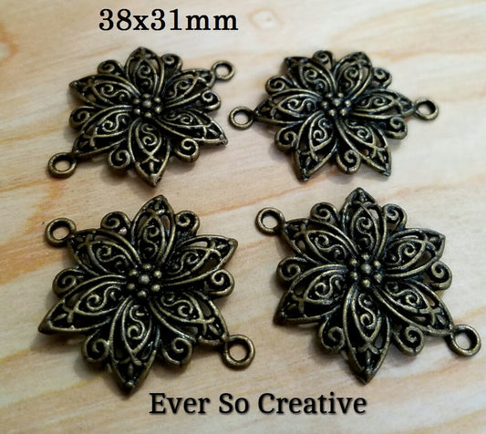 ESC-CN14: Antique Brass Filigree Flower Connector: 38x31mm: 4pcs