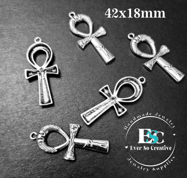 ESC-CR10: Antique Silver Egyptian Ankh Cross Pendants: 42x18mm: 5pcs