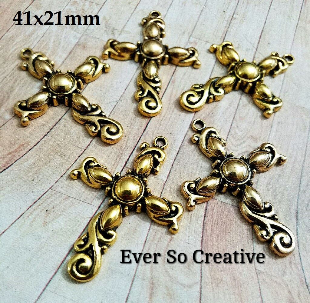 ESC-CR18: Antique Gold Bubble Cross Pendant: 41x24mm: 5pcs