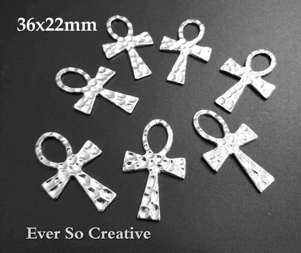 ESC-CR181: Silver Plated Hammered Ankh Cross Pendants: 34x21mm: 6pcs