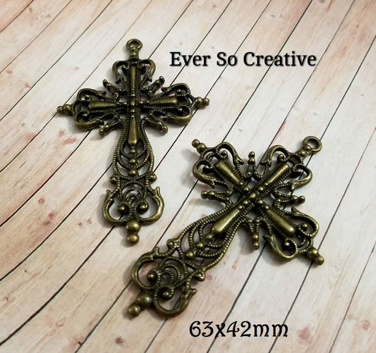 ESC-CR34: Antique Brass Filigree Extra Large Cross Pendant:64X42mm: 2pcs