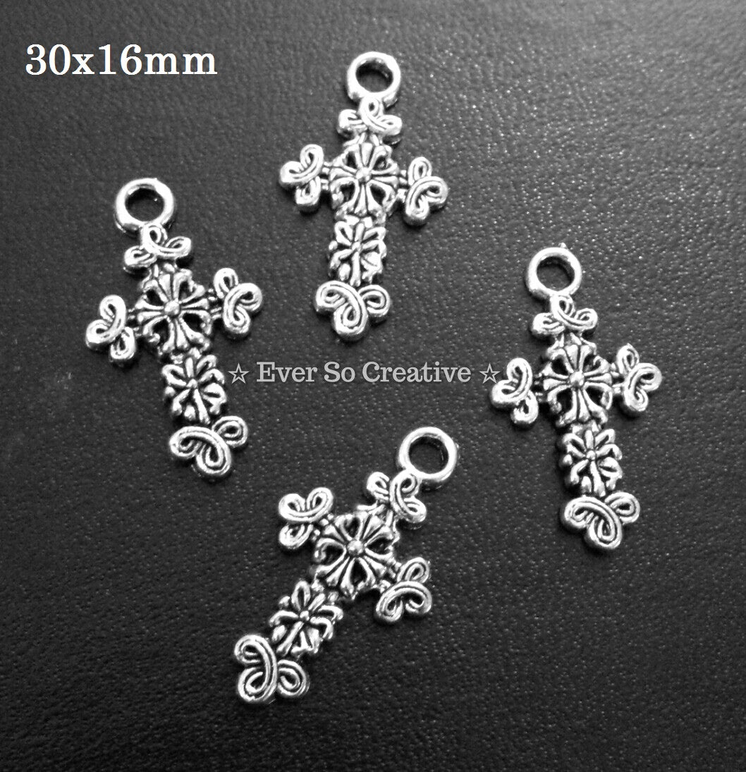 ESC-CR66 Antique Silver Le Fleur Cross Pendants: 30x16mm: 6pcs