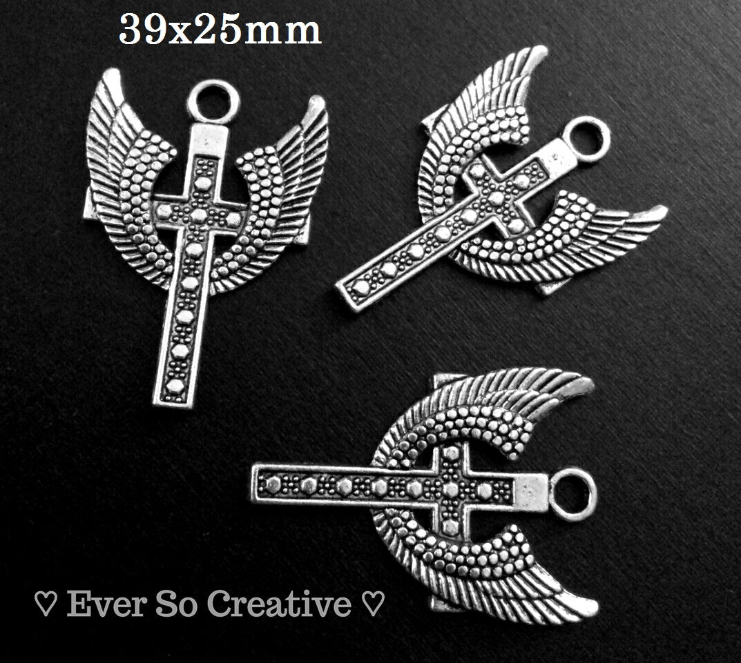 ESC-CR68: Antique Silver Wing Cross Pendant: 39x25mm: 4pcs