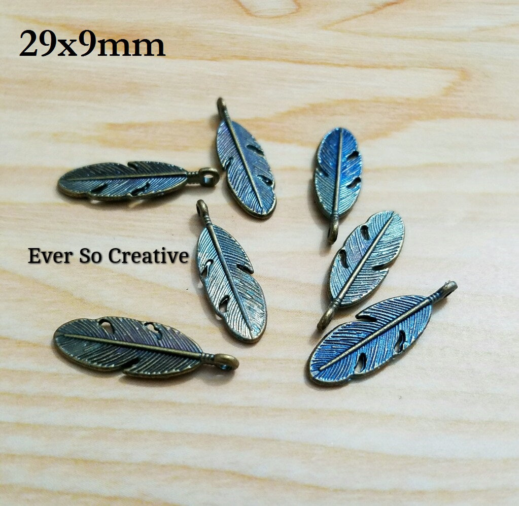 ESC-FW10: Iridescent Brass Feather Charms/Pendant: 29x9mm: 12pcs