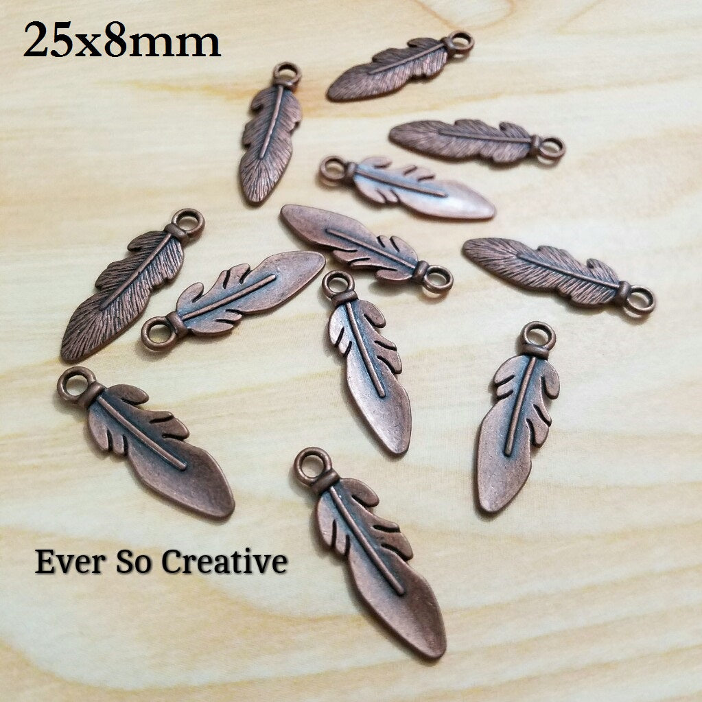 ESC-FW35: Antique Copper Feather Charms: 25x8mm: 10pcs