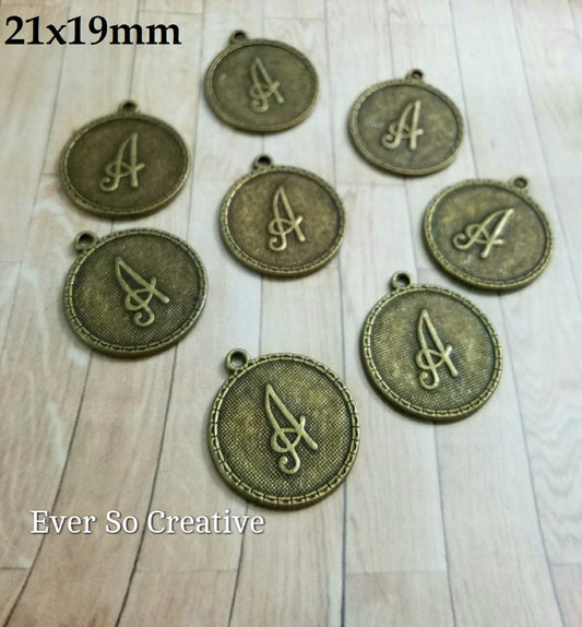 ESC-LW01: Antique Brass Letter "A" Coin Charms: 21x19mm