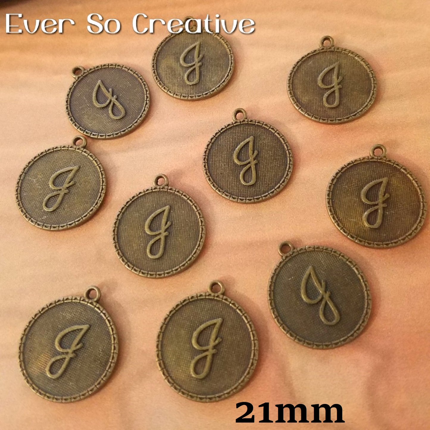 ESC-LW10: Antique Brass Letter "J" Coin Charms: 21x19mm