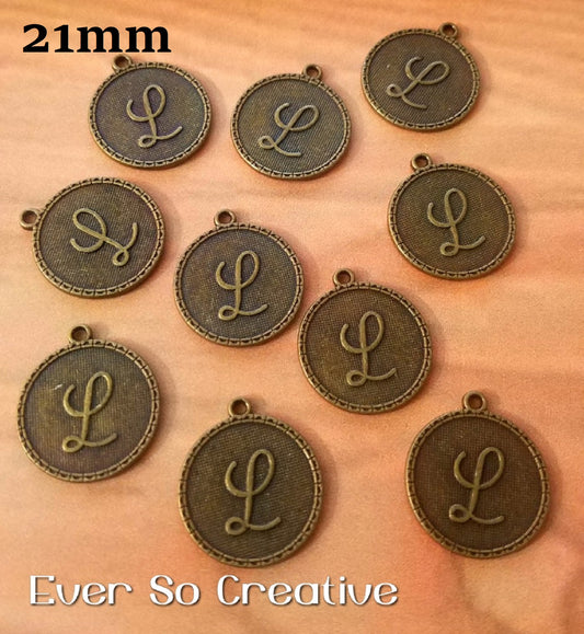 ESC-LW12: Antique Brass Letter "L" Coin Charms: 21x19mm