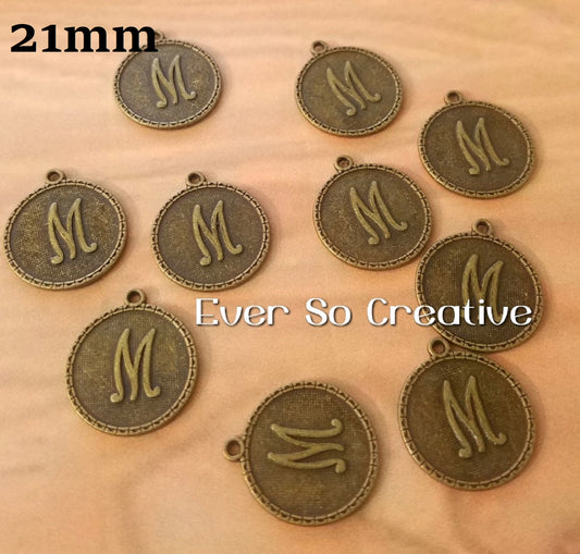 ESC-LW13: Antique Brass Letter "M" Coin Charms: 21x19mm