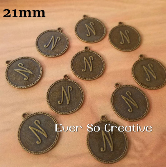 ESC-LW14: Antique Brass Letter "N" Coin Charms: 21x19mm