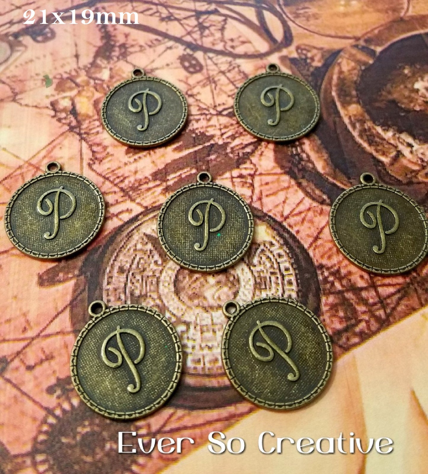 ESC-LW16: Antique Brass Letter "P" Coin Charms: 21x19mm