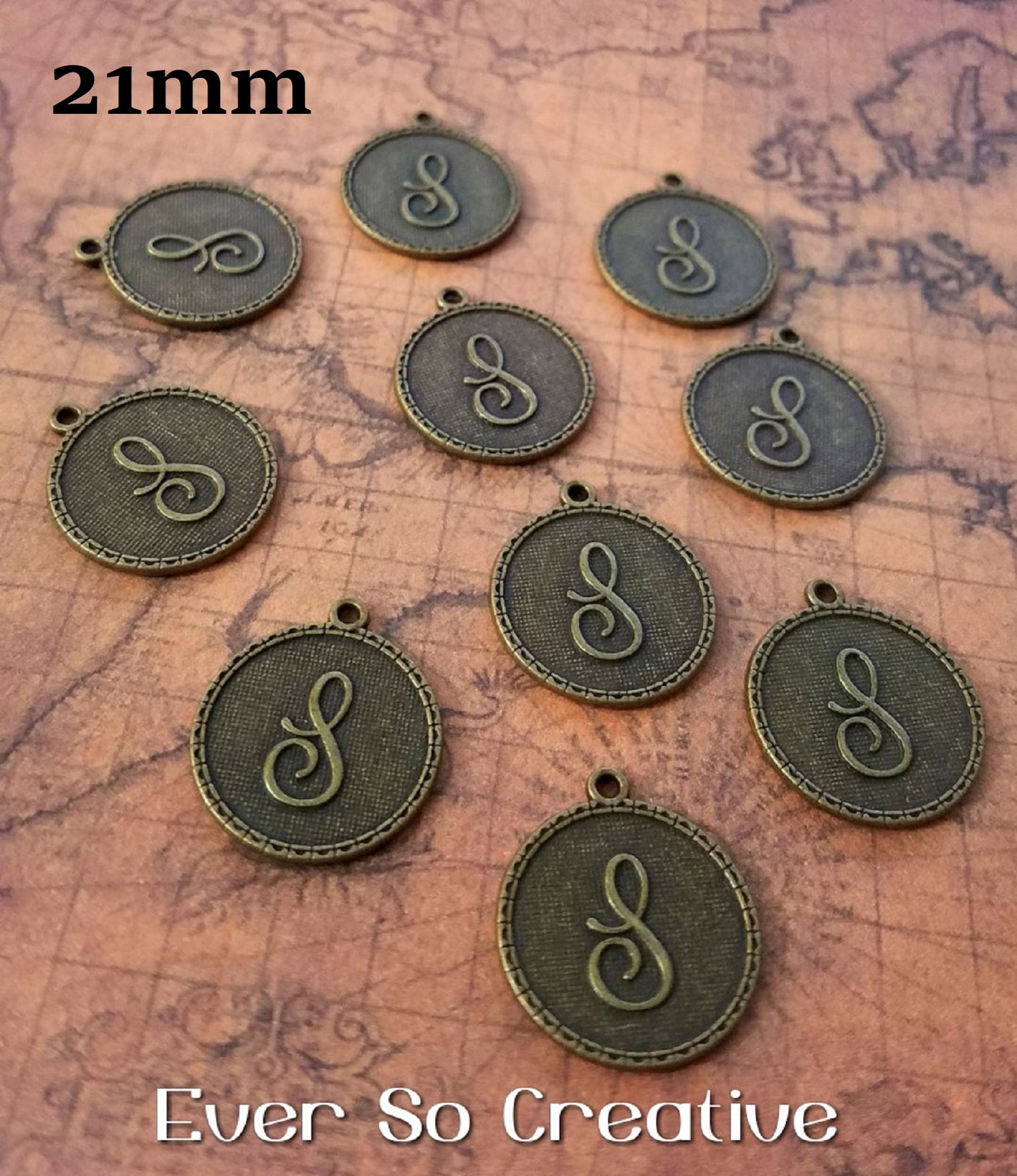 ESC-LW19: Antique Brass Letter "S" Coin Charms: 21x19mm