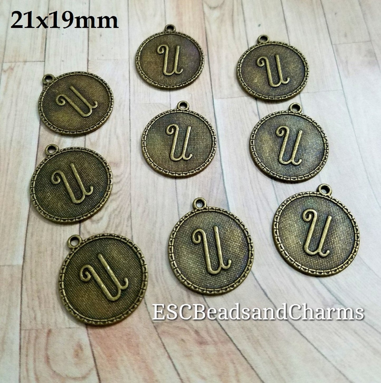 ESC-LW21: Antique Brass Letter "U" Coin Charms: 21x19mm