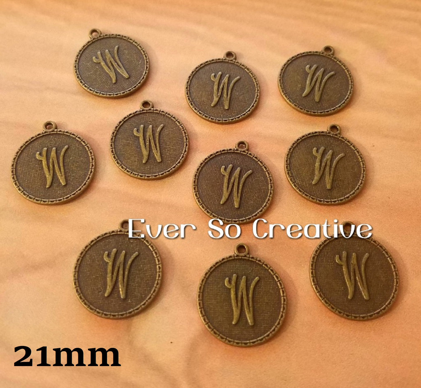 ESC-LW23: Antique Brass Letter "W" Coin Charms: 21x19mm