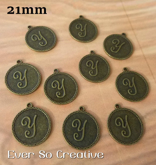 ESC-LW25: Antique Brass Letter "Y" Coin Charms: 21x19mm